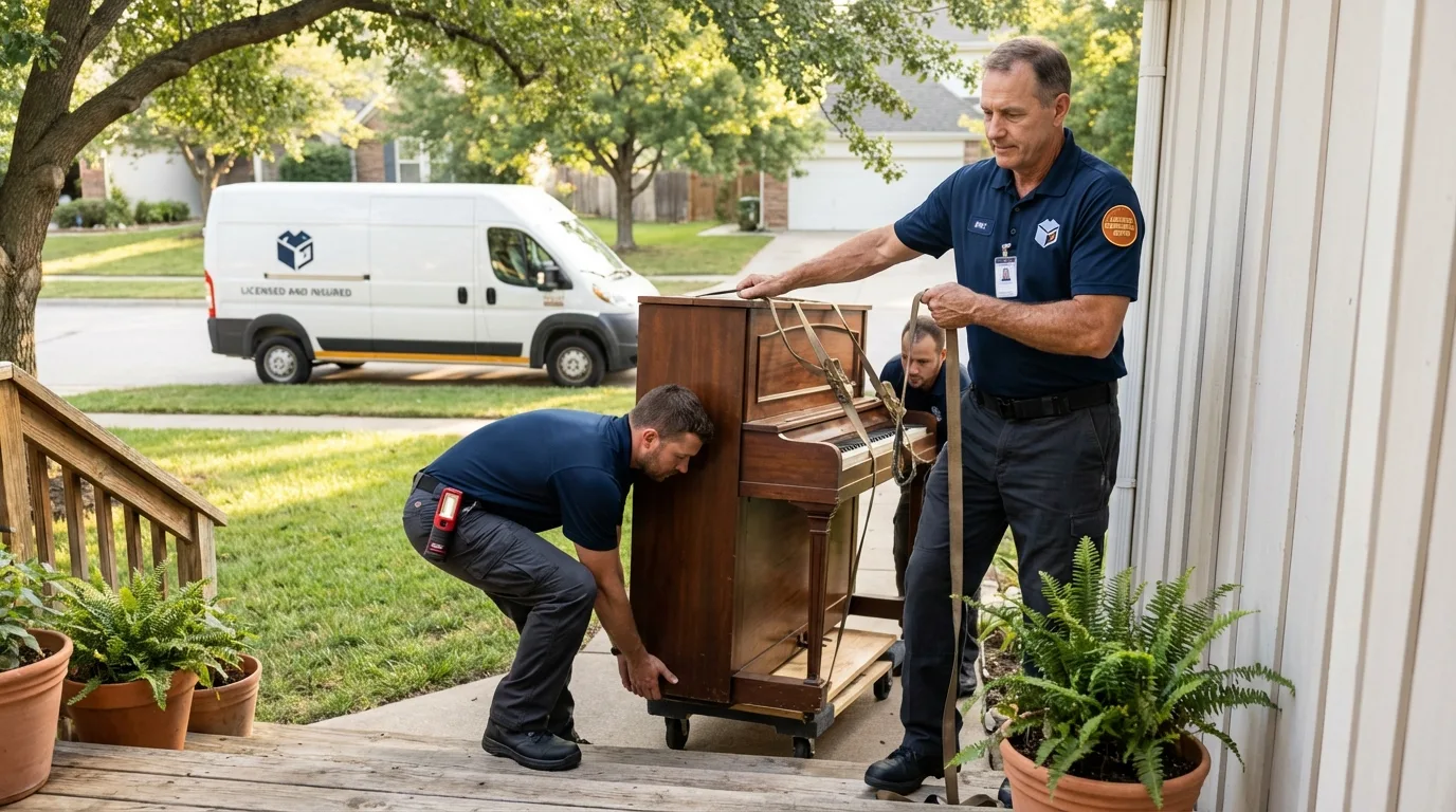 Licensed piano movers securing grand piano in Burlington, VT